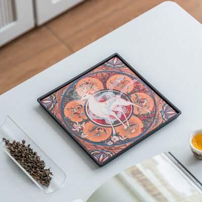 Dunhuang Sacred Deer Ceramic Tea Tray - Handmade Oriental Tea Serving Tray