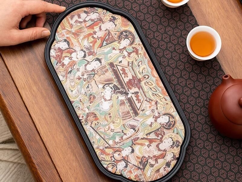 Dunhuang Crabapple Ceramic Tea Tray - Handmade Oriental Tea Serving Tray