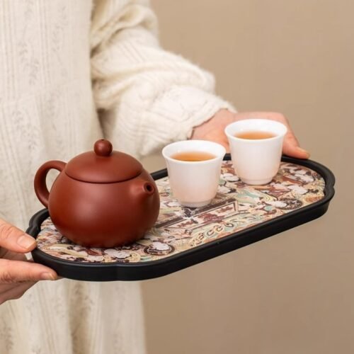 Dunhuang Crabapple Ceramic Tea Tray - Handmade Oriental Tea Serving Tray