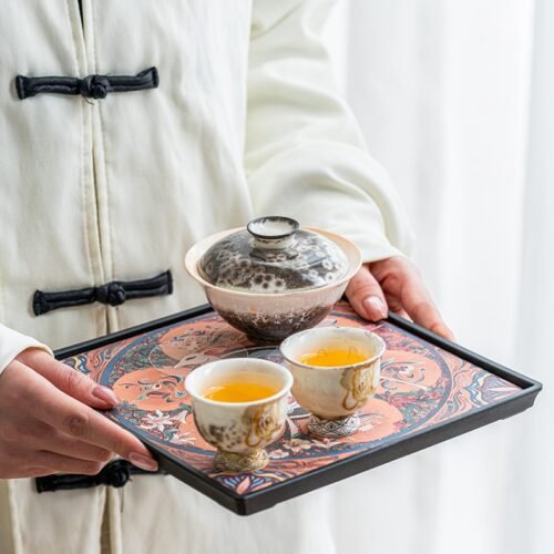 Dunhuang Sacred Deer Ceramic Tea Tray - Handmade Oriental Tea Serving Tray