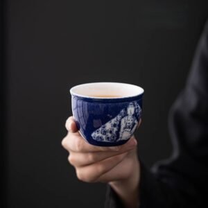 Jade Clay Blush Lily Tea Cup - Zen Lantern Handle Ceramic Teaware