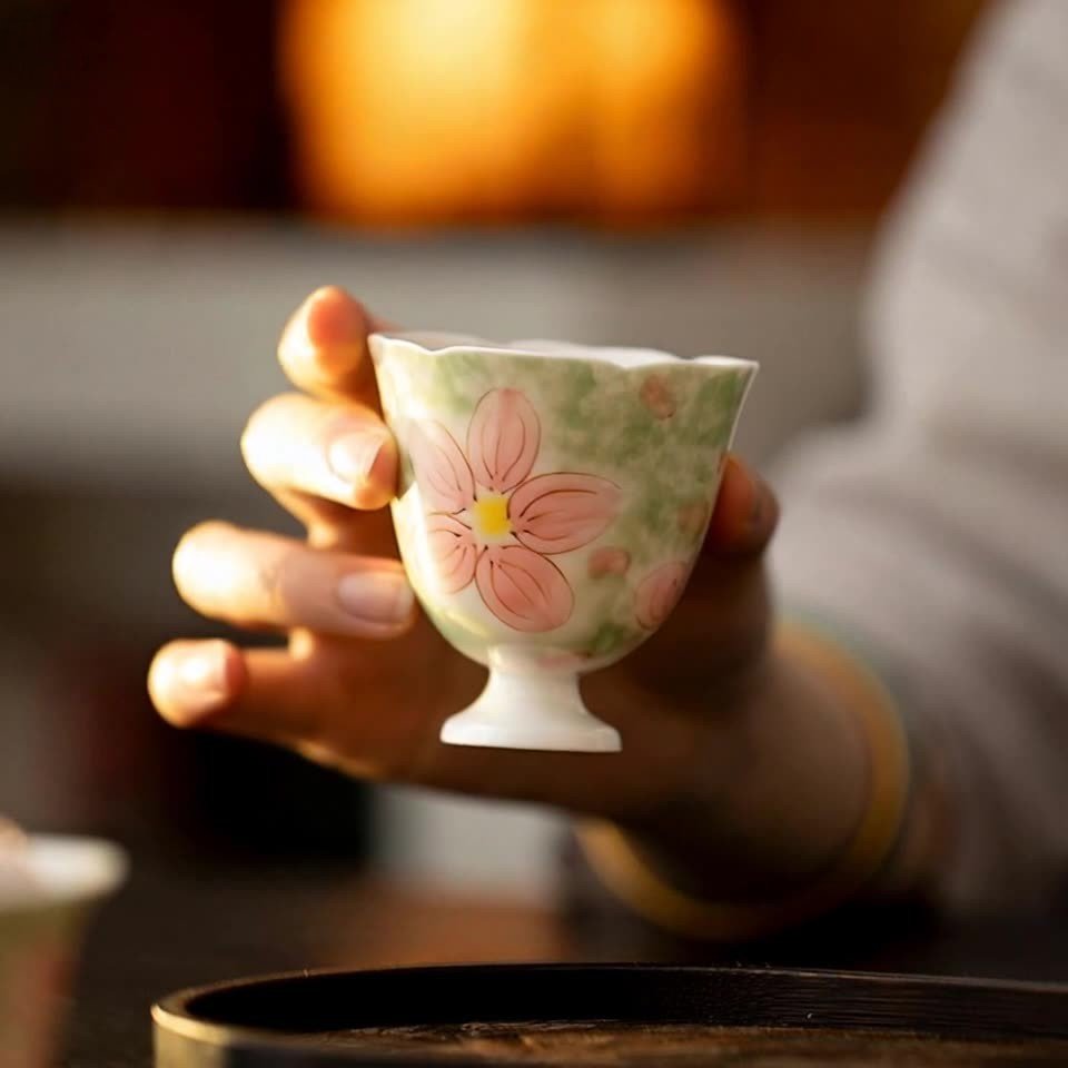 Apricot Rose Stemmed Tea Cup - Hand-Painted Ceramic Artware