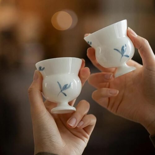 Jade Clay Autumn Orchid Tea Cup - Elegant Stemmed Ceramic Teaware