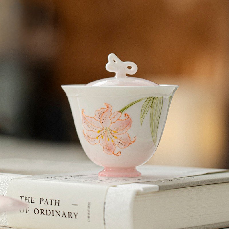 Jade Clay Blush Lily Gaiwan - Dancing Butterfly Ceramic Tea Set