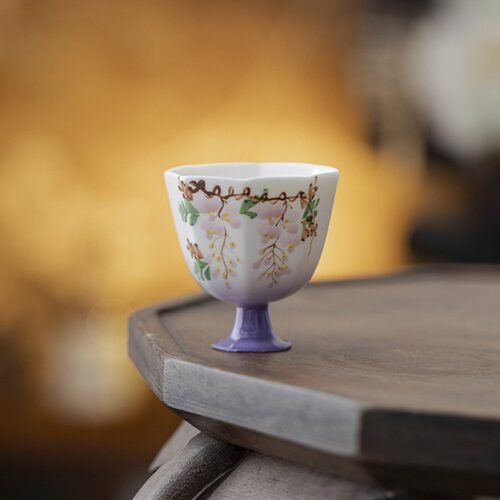 Jade Clay Mystic Wisteria Tea Cup - Hexagonal Tall-Stemmed Ceramic Teaware