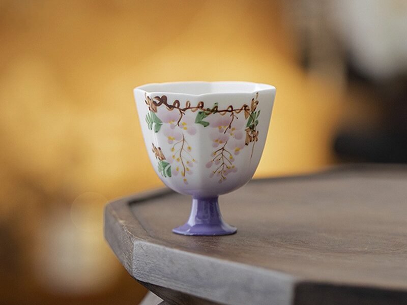 Jade Clay Mystic Wisteria Tea Cup - Hexagonal Tall-Stemmed Ceramic Teaware