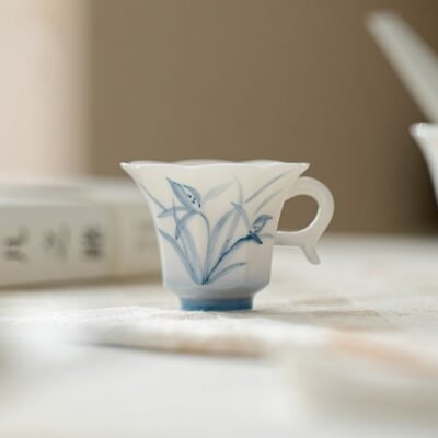 Jade Clay Cloud Orchid Tea Cup - Zen Lantern Handle Ceramic Teaware