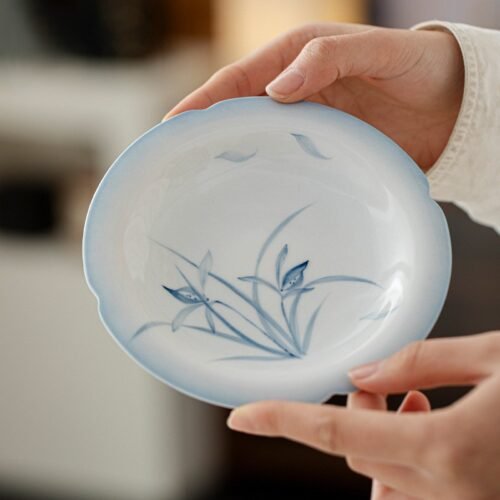 Jade Clay Cloud Orchid Tea Tray - Rolled Rim Ceramic Drip Catcher, Handmade Gongfu Tea Tray