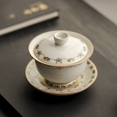 Beige Dunhuang Flying Apsaras Tea Set with Triple Harmony Design