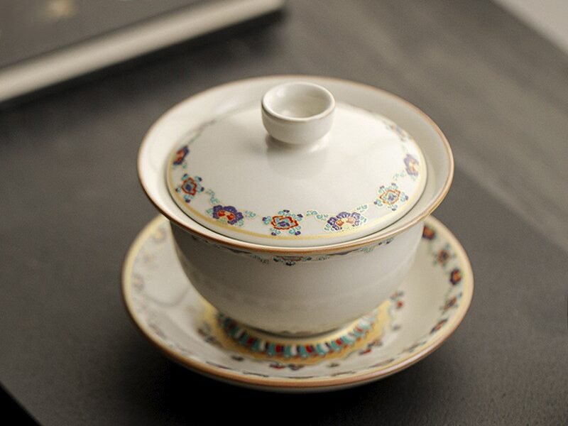 Beige Dunhuang Flying Apsaras Tea Set with Triple Harmony Design