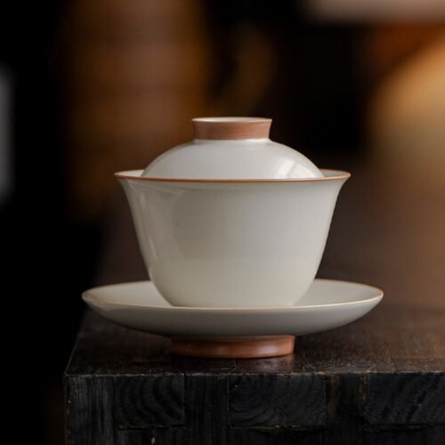 Ruyao-Triple-Harmony-Gaiwan Beige Ruyao Celadon Gaiwan with Heaven-Earth-Humanity Design