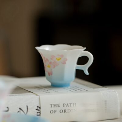 Jade Clay Lotus Tea Cup with Zen Lantern Handle Design