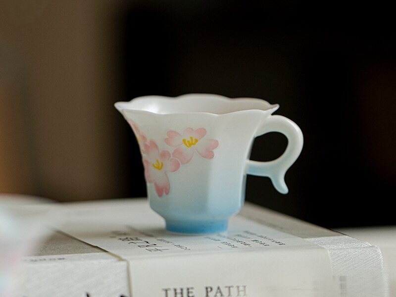 Jade Clay Lotus Tea Cup with Zen Lantern Handle Design