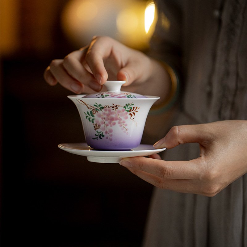 Jade Clay Mystic Wisteria Gaiwan - Triple Harmony Ceramic Tea Bowl Set