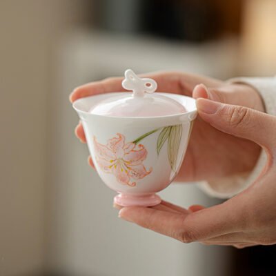 Jade Clay Blush Lily Gaiwan - Dancing Butterfly Ceramic Tea Set