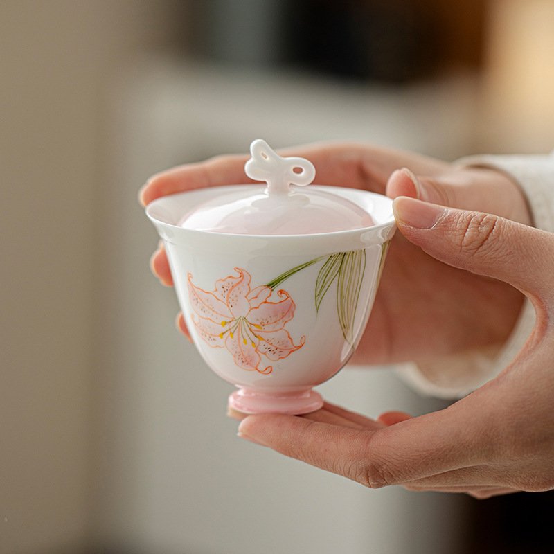 Jade Clay Blush Lily Gaiwan - Dancing Butterfly Ceramic Tea Set