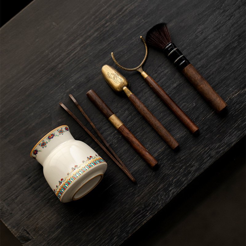 Beige Dunhuang Flying Apsara Tea Set - Six Tools of Tea Mastery, Handcrafted Celadon