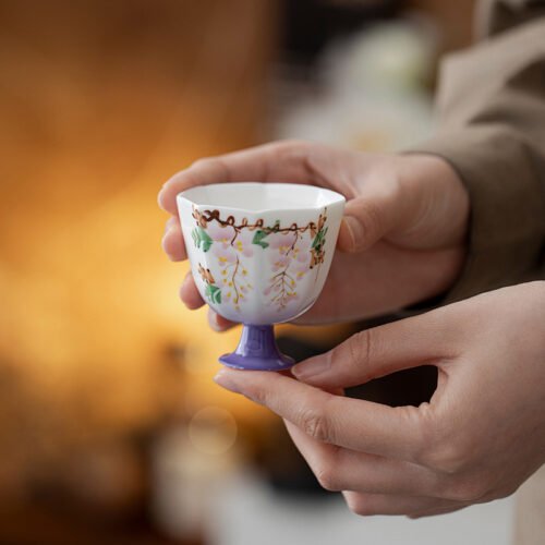 Jade Clay Mystic Wisteria Tea Cup - Hexagonal Tall-Stemmed Ceramic Teaware