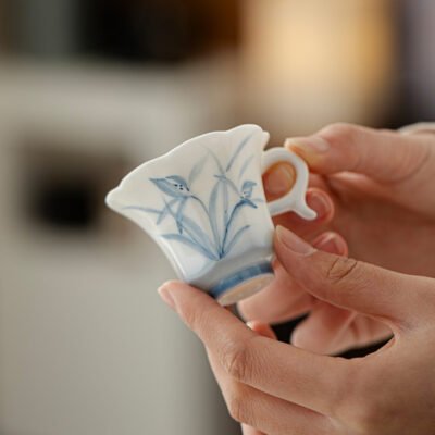Jade Clay Cloud Orchid Tea Cup - Zen Lantern Handle Ceramic Teaware