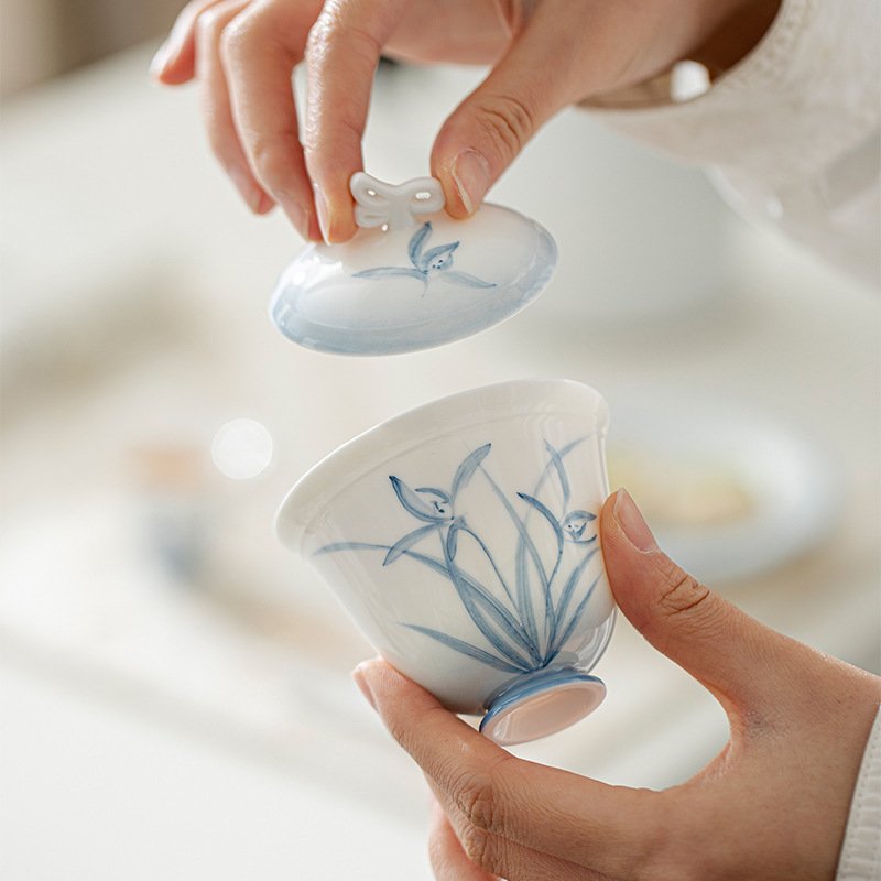 Jade Clay Cloud Orchid Gaiwan - Dancing Butterfly Lidded Tea Bowl