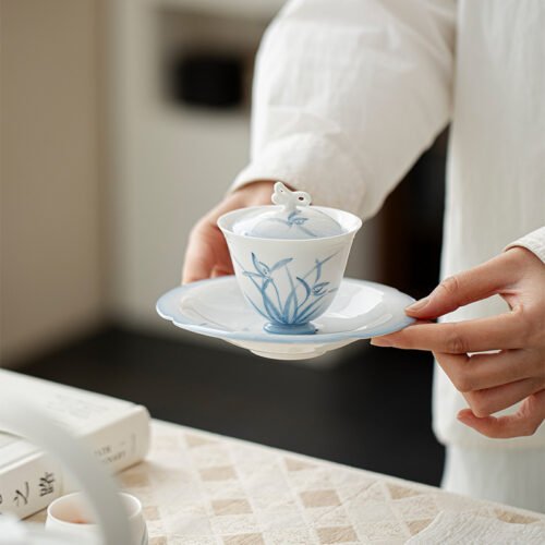 Jade Clay Cloud Orchid Tea Tray - Rolled Rim Ceramic Drip Catcher, Handmade Gongfu Tea Tray