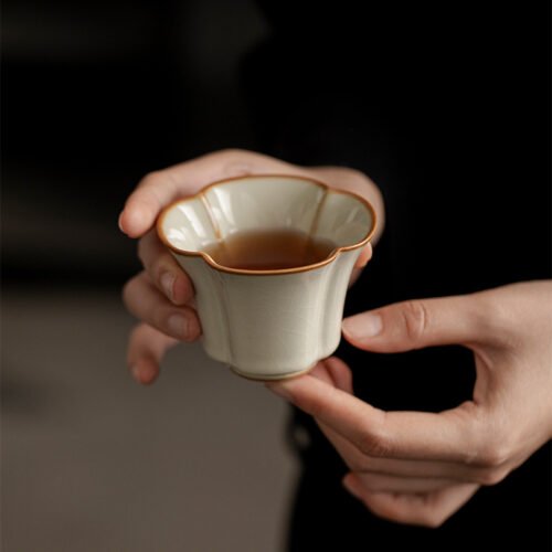 Beige Ruyao Plum Blossom Tea Cup - Celadon Winter Elegance