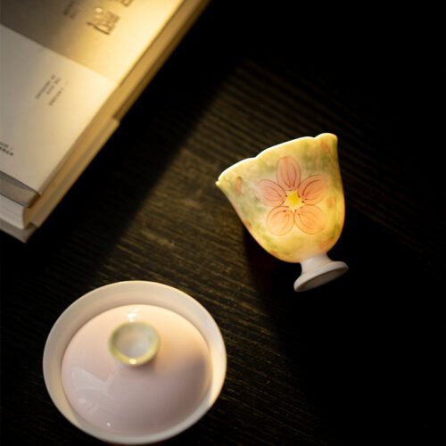 主图-3 Apricot Rose Stemmed Tea Cup - Hand-Painted Ceramic Artware