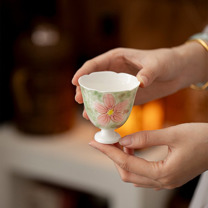 Apricot Rose Stemmed Tea Cup - Hand-Painted Ceramic Artware