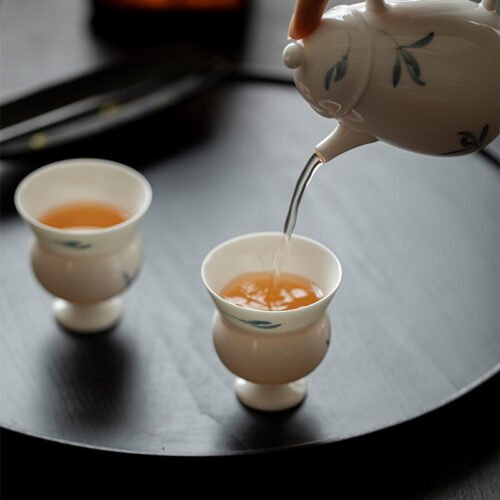 Jade Clay Autumn Orchid Tea Cup - Elegant Stemmed Ceramic Teaware