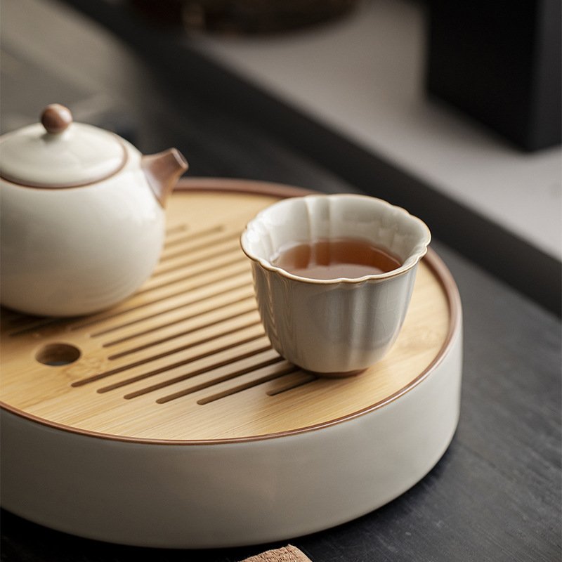 Beige Ruyao Celadon Sunflower Tea Cup - Handcrafted Ceramic Teaware
