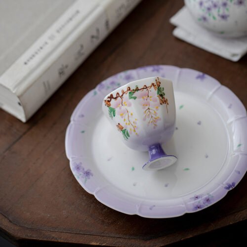 Jade Clay Mystic Wisteria Tea Cup - Hexagonal Tall-Stemmed Ceramic Teaware