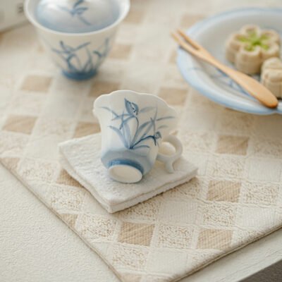 Jade Clay Cloud Orchid Tea Cup - Zen Lantern Handle Ceramic Teaware