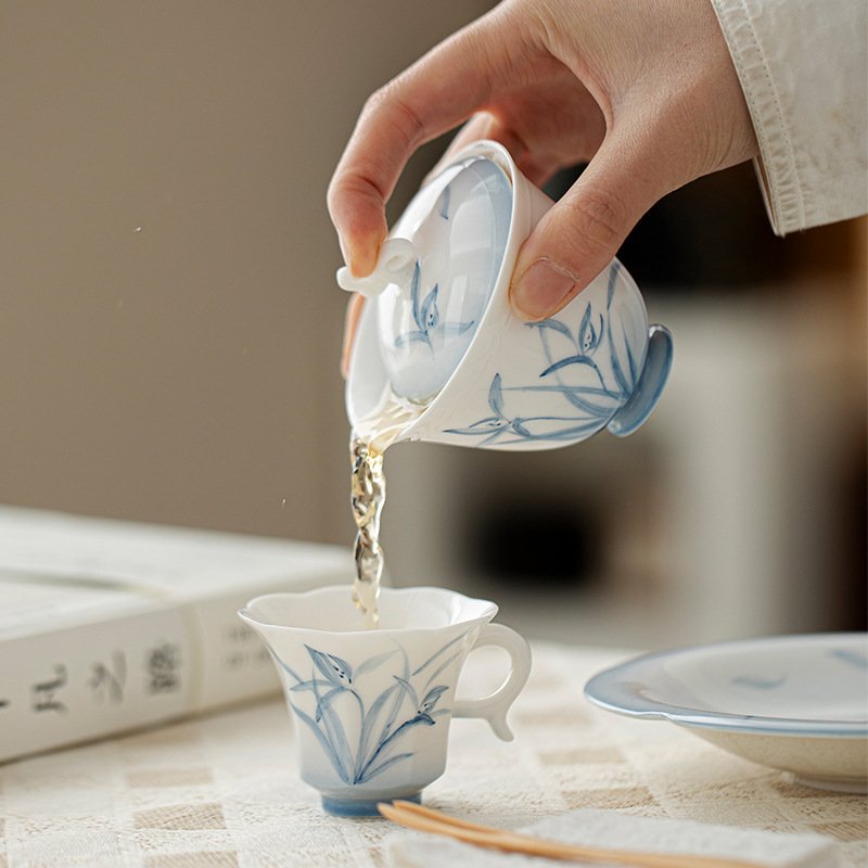 Jade Clay Cloud Orchid Gaiwan - Dancing Butterfly Lidded Tea Bowl