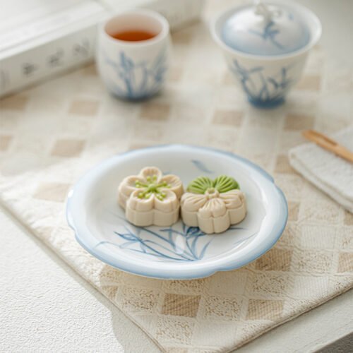 Jade Clay Cloud Orchid Tea Tray - Rolled Rim Ceramic Drip Catcher, Handmade Gongfu Tea Tray