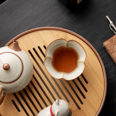 Beige Ruyao Plum Blossom Tea Cup - Celadon Winter Elegance