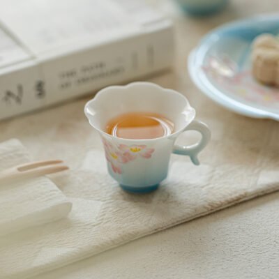 Jade Clay Lotus Rising Tea Cup - Zen Lantern Handle Ceramic Artware