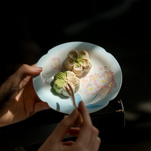 Jade Clay Tea Tray - Lotus Melody Design with Rolled Rim, Handmade Ceramic Tea Tray