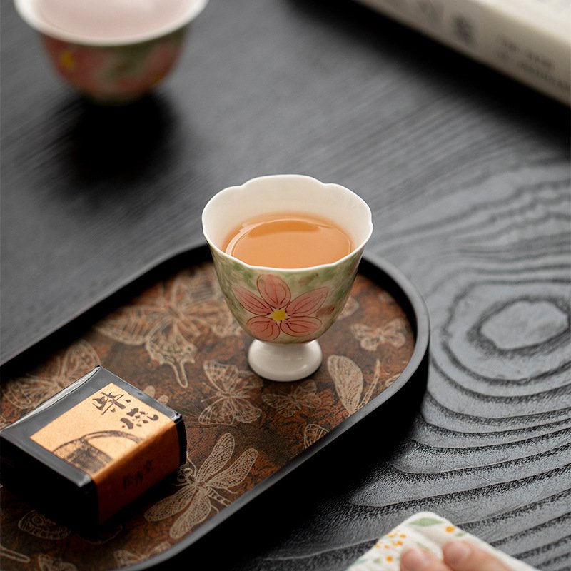 Apricot Rose Stemmed Tea Cup - Hand-Painted Ceramic Artware