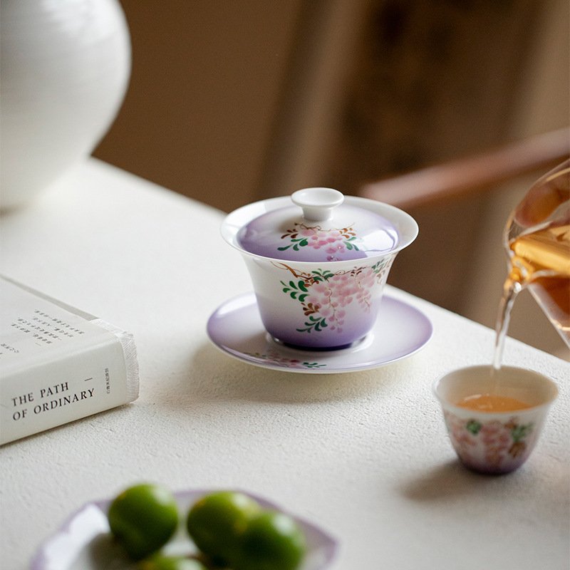 Jade Clay Mystic Wisteria Gaiwan - Triple Harmony Ceramic Tea Bowl Set