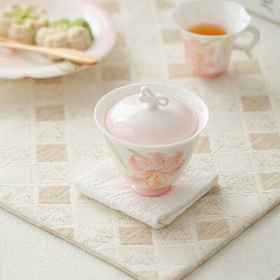 Jade Clay Blush Lily Gaiwan - Dancing Butterfly Ceramic Tea Set