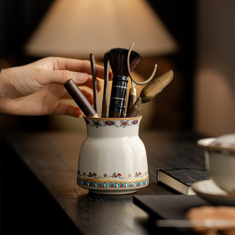 Beige Dunhuang Flying Apsara Tea Set - Six Tools of Tea Mastery, Handcrafted Celadon