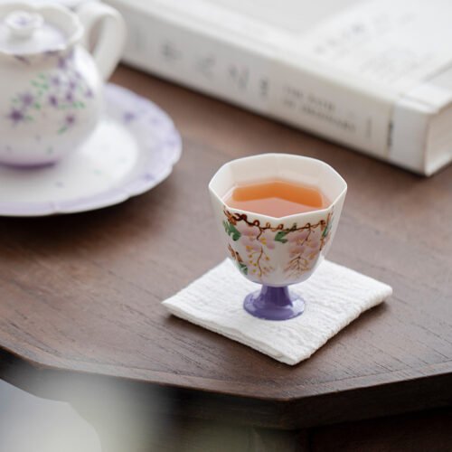 Jade Clay Mystic Wisteria Tea Cup - Hexagonal Tall-Stemmed Ceramic Teaware