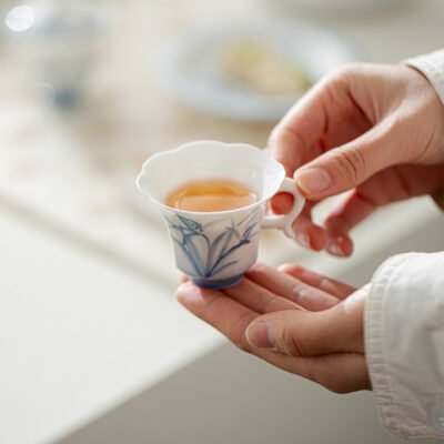 Jade Clay Cloud Orchid Tea Cup - Zen Lantern Handle Ceramic Teaware