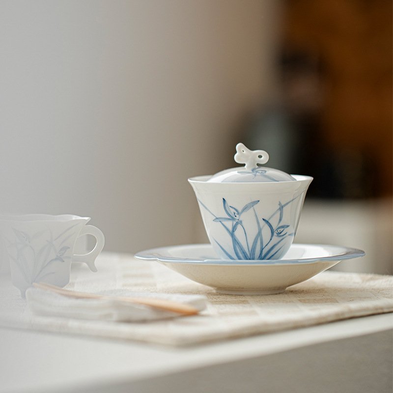 Jade Clay Cloud Orchid Gaiwan - Dancing Butterfly Lidded Tea Bowl