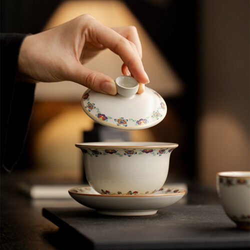 Beige Dunhuang Flying Apsaras Gaiwan - Joyful Harvest Triple Harmony Tea Set