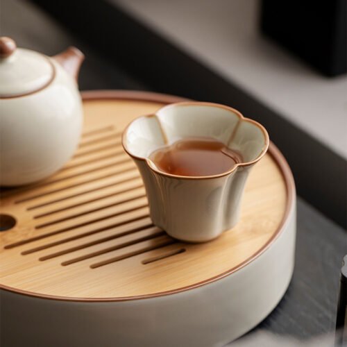 Beige Ruyao Plum Blossom Tea Cup - Celadon Winter Elegance