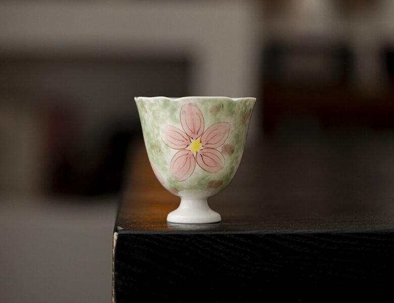 Apricot Rose Stemmed Tea Cup - Hand-Painted Ceramic Artware
