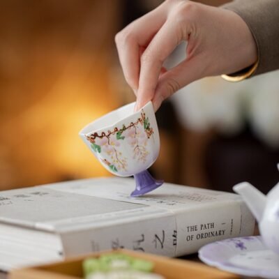 Jade Clay Mystic Wisteria Tea Cup - Hexagonal Tall-Stemmed Ceramic Teaware