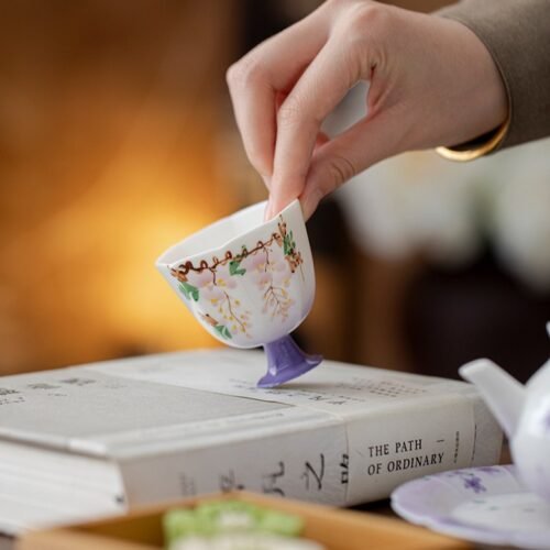 Jade Clay Mystic Wisteria Tea Cup - Hexagonal Tall-Stemmed Ceramic Teaware