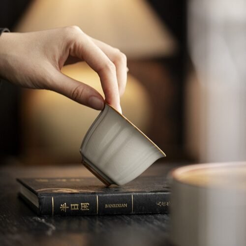 详情-5 Beige Ruyao Celadon Sunflower Tea Cup - Handcrafted Ceramic Teaware